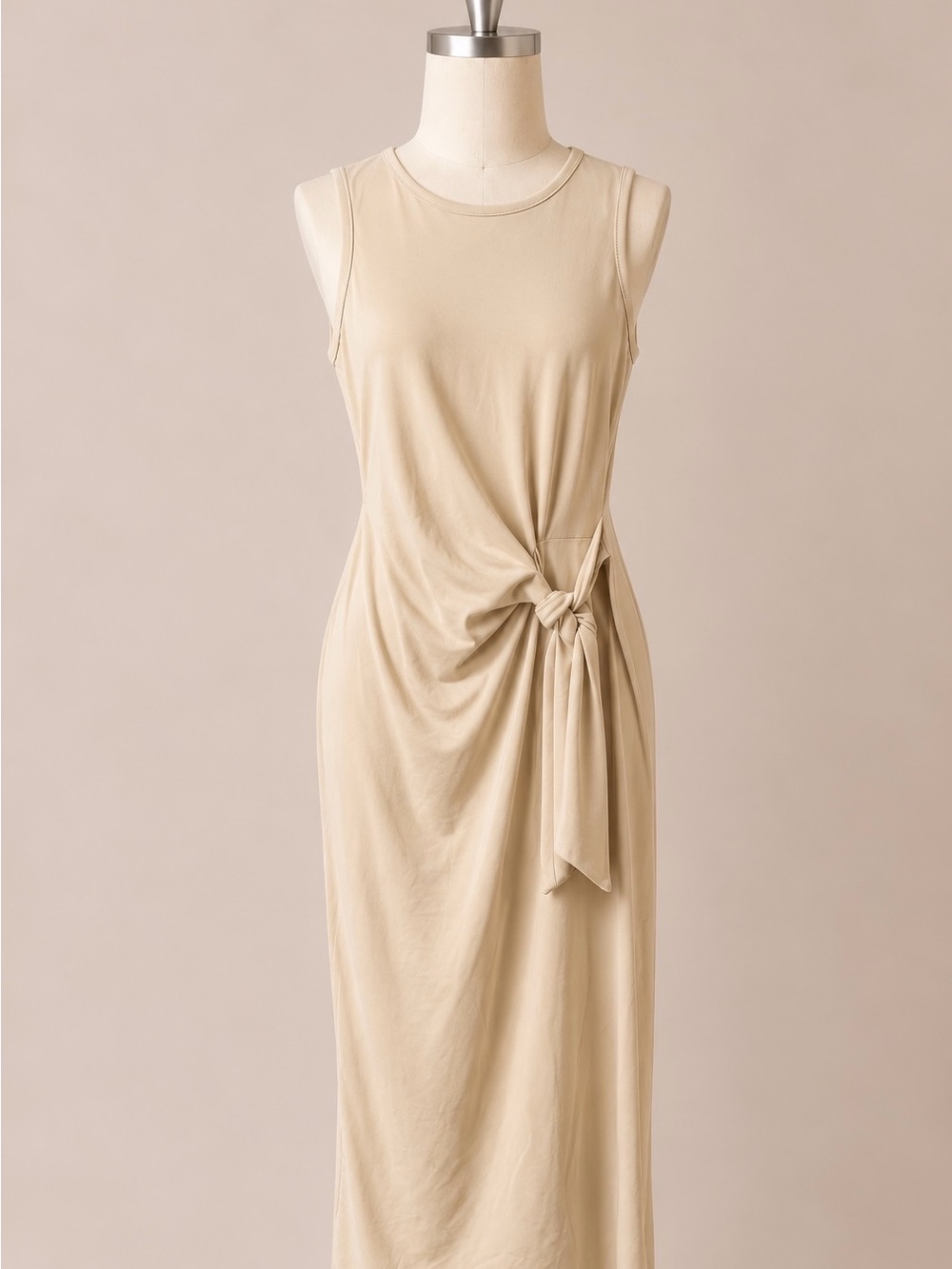 H&M Beige Sleeveless Maxi Dress Small Side Tie Knot Stretch Bodycon Minimalist